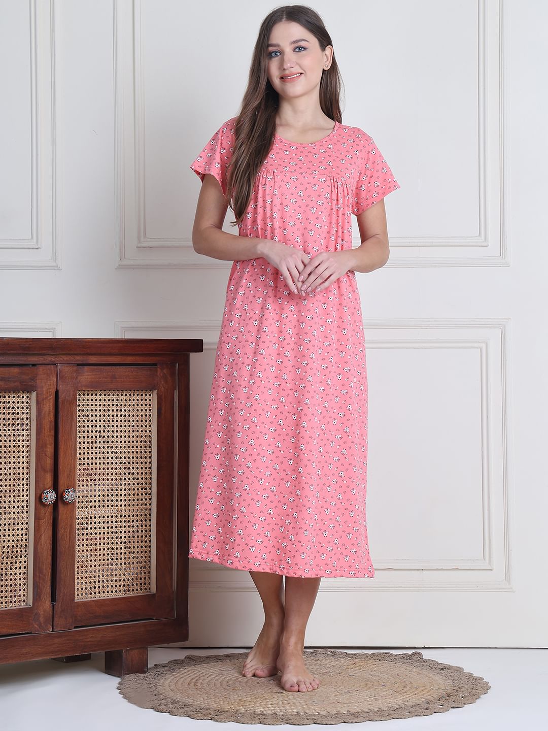 Secret Wish Pink Printed Hosiery Nighty