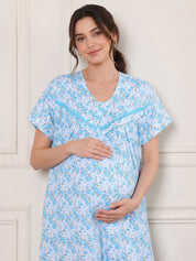 Blue Floral Pure Cotton Maternity Nighty