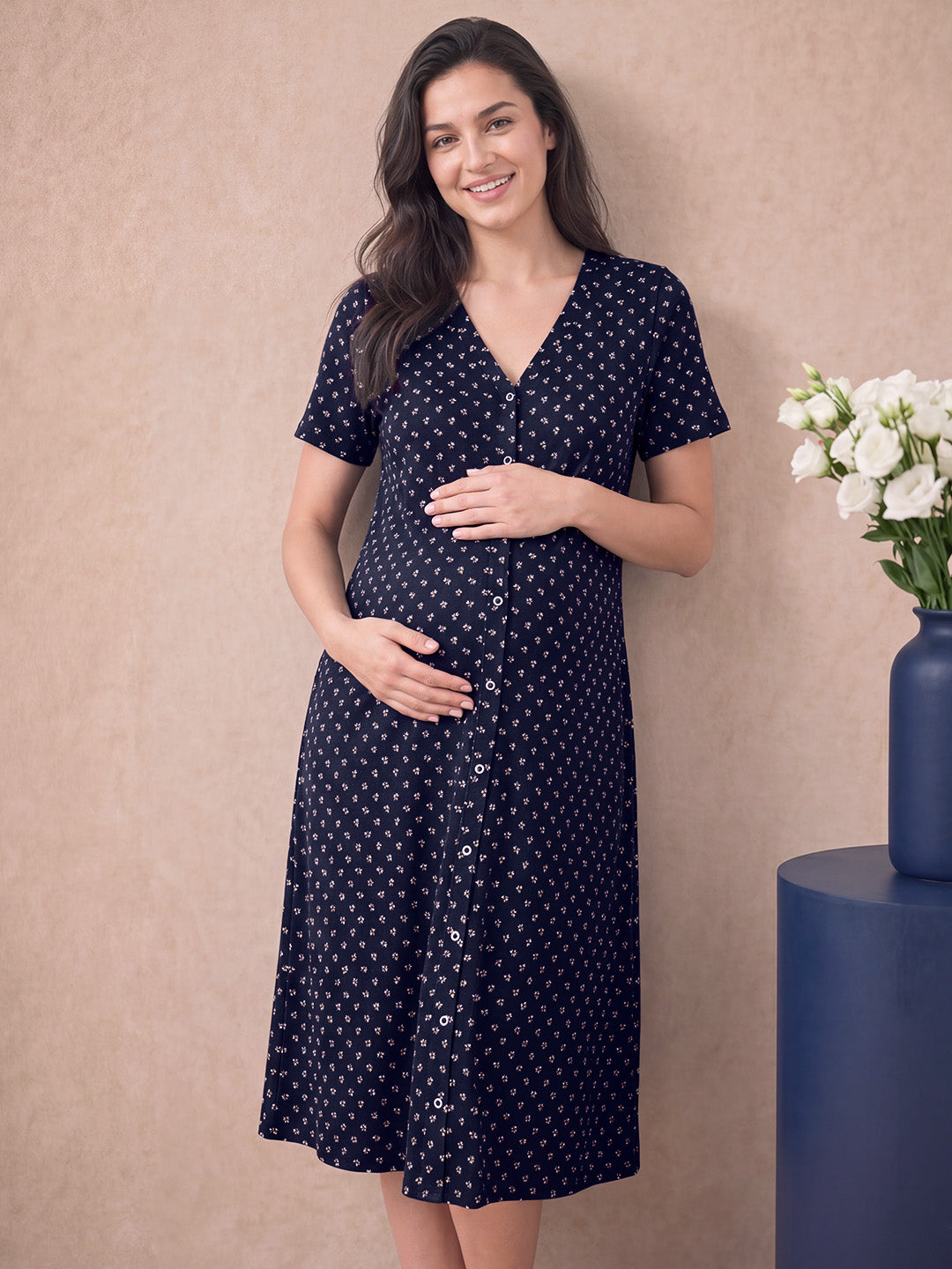Navy Blue Printed Hosiery Zipless Maternity Nighty