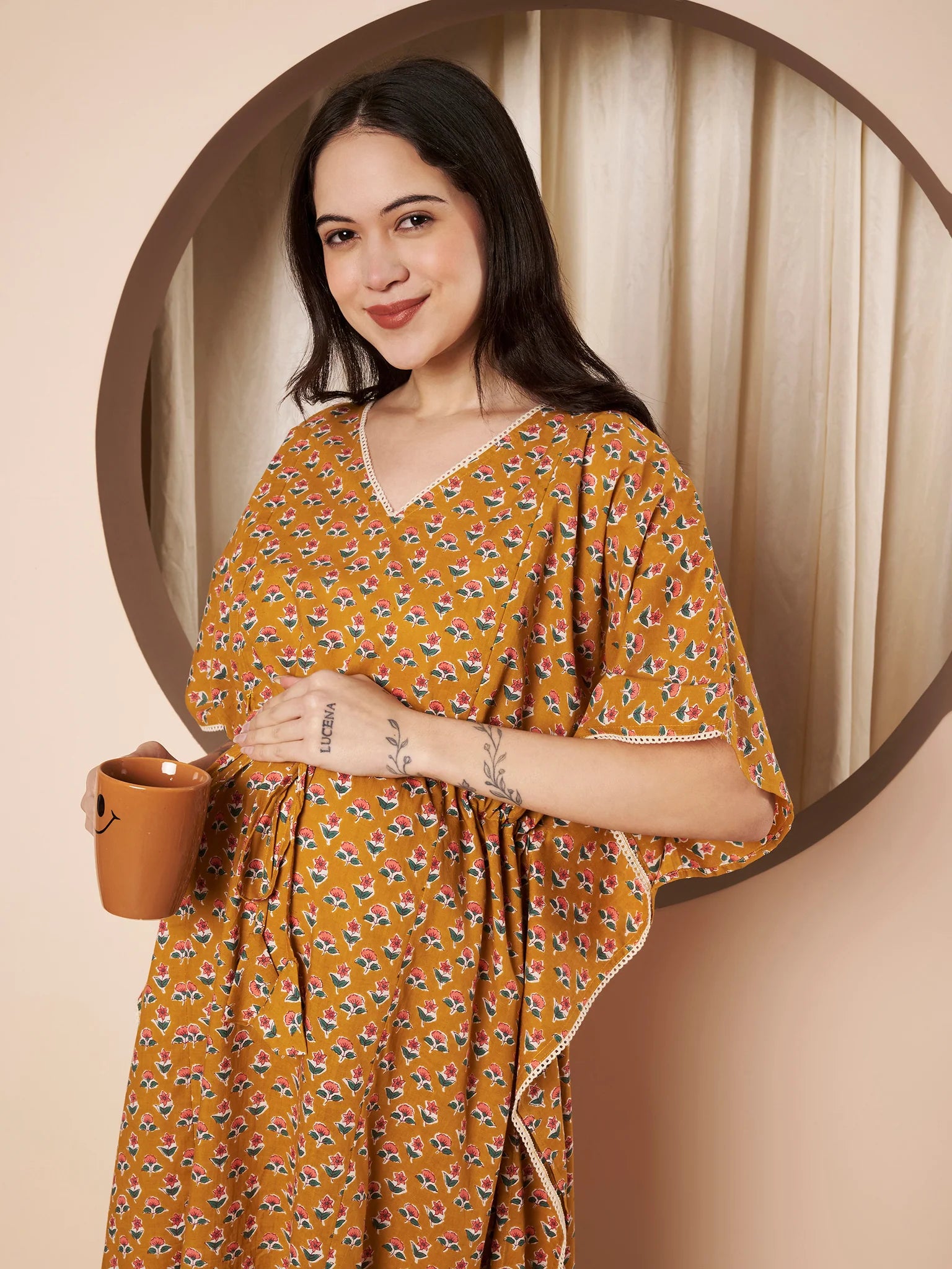 Mustard Floral Cotton Maternity Kaftan
