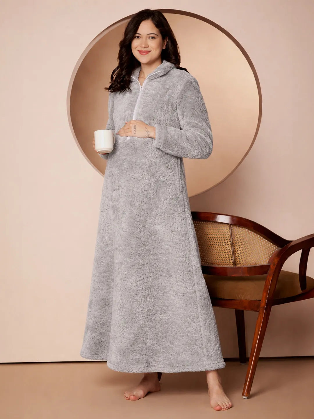Grey Blanket Fur Maternity Winter Nighty