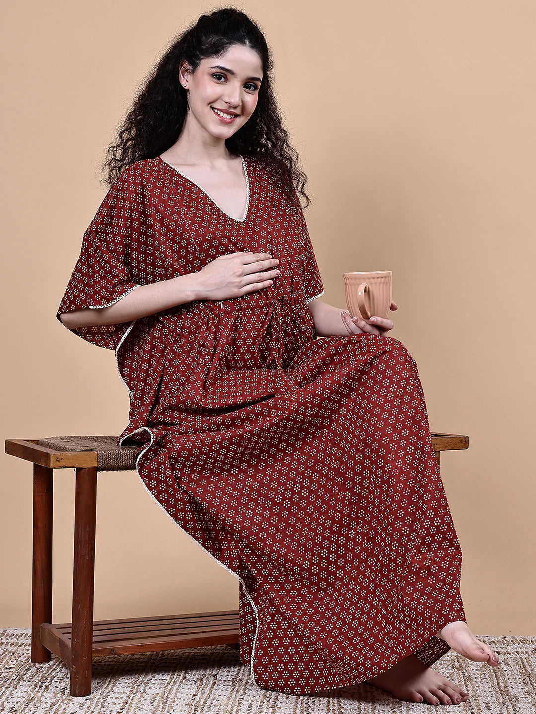 Maroon Floral Cotton Maternity Kaftan