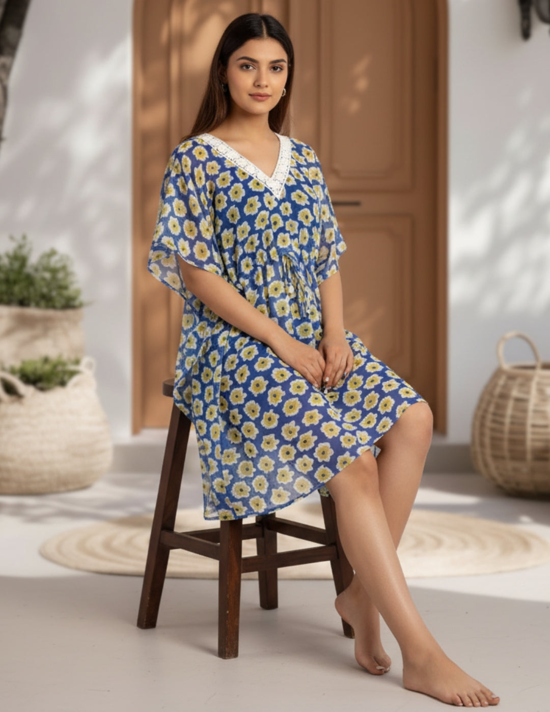 White and Blue Floral Swimwear Cover Up Kaftan