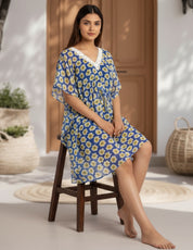 White and Blue Floral Swimwear Cover Up Kaftan