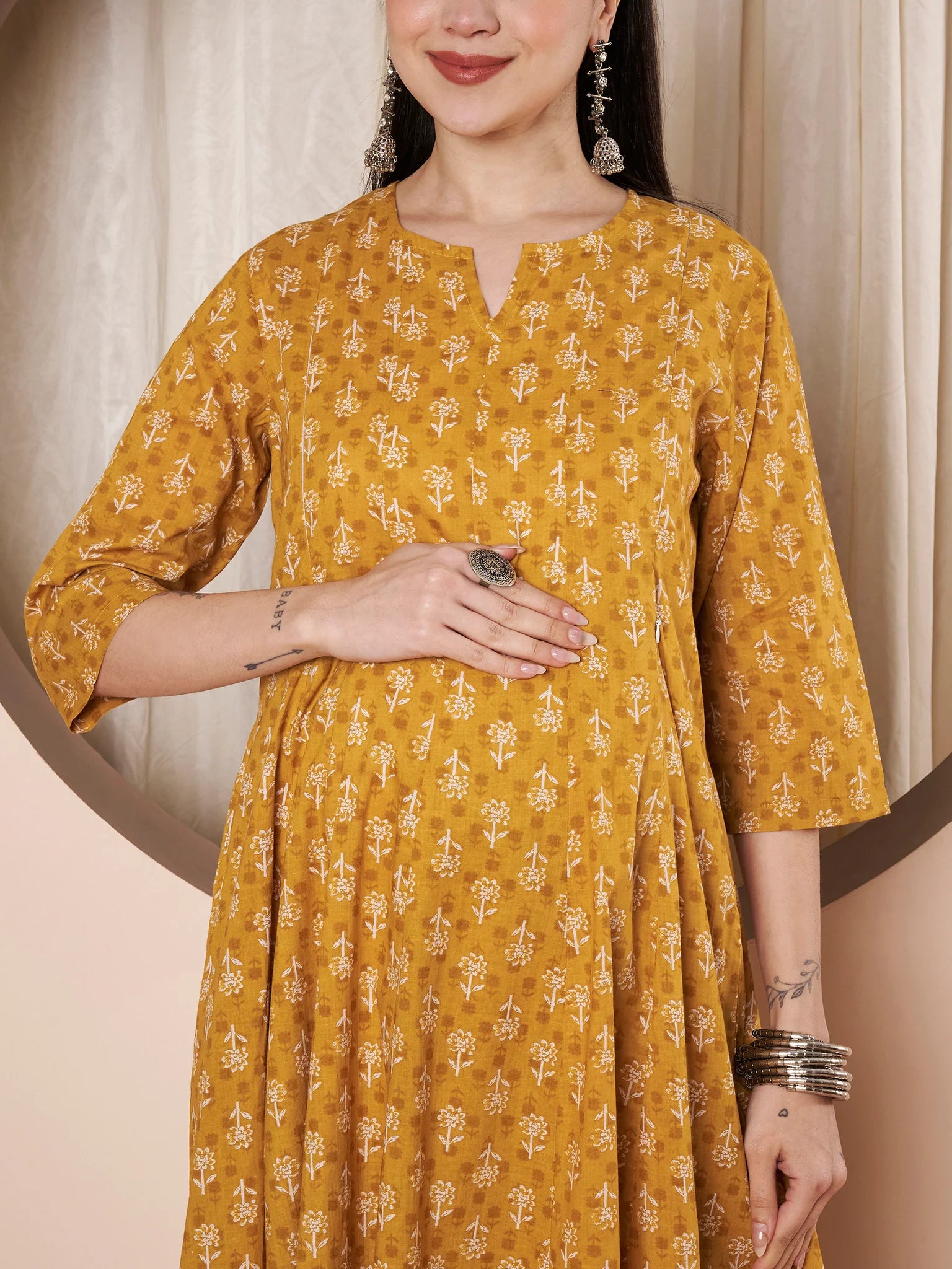 Mustard Floral Cotton Maternity Kurta with Trouser and Dupatta