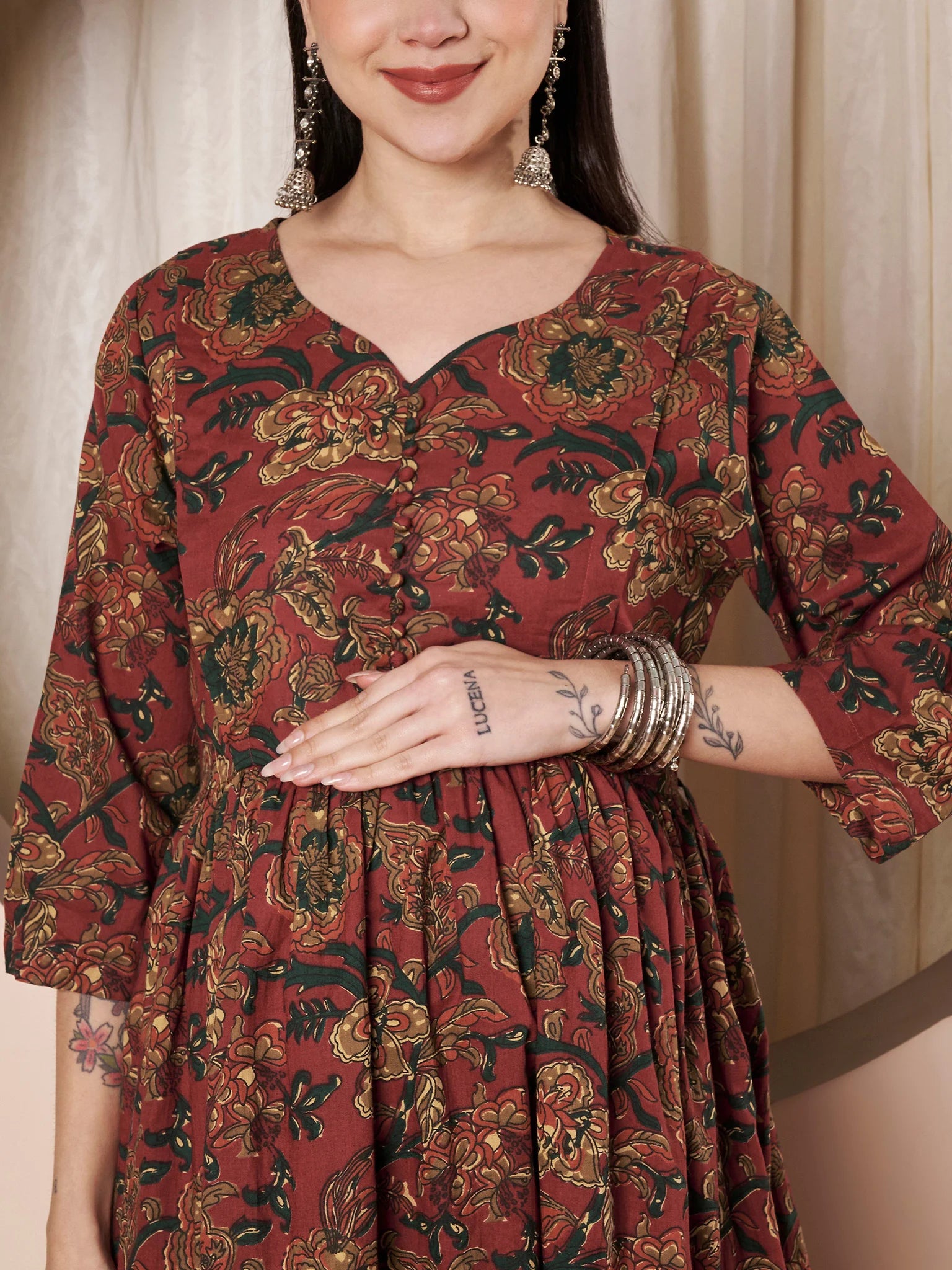 Rust Floral Cotton Maternity Kurta with Trouser and Dupatta