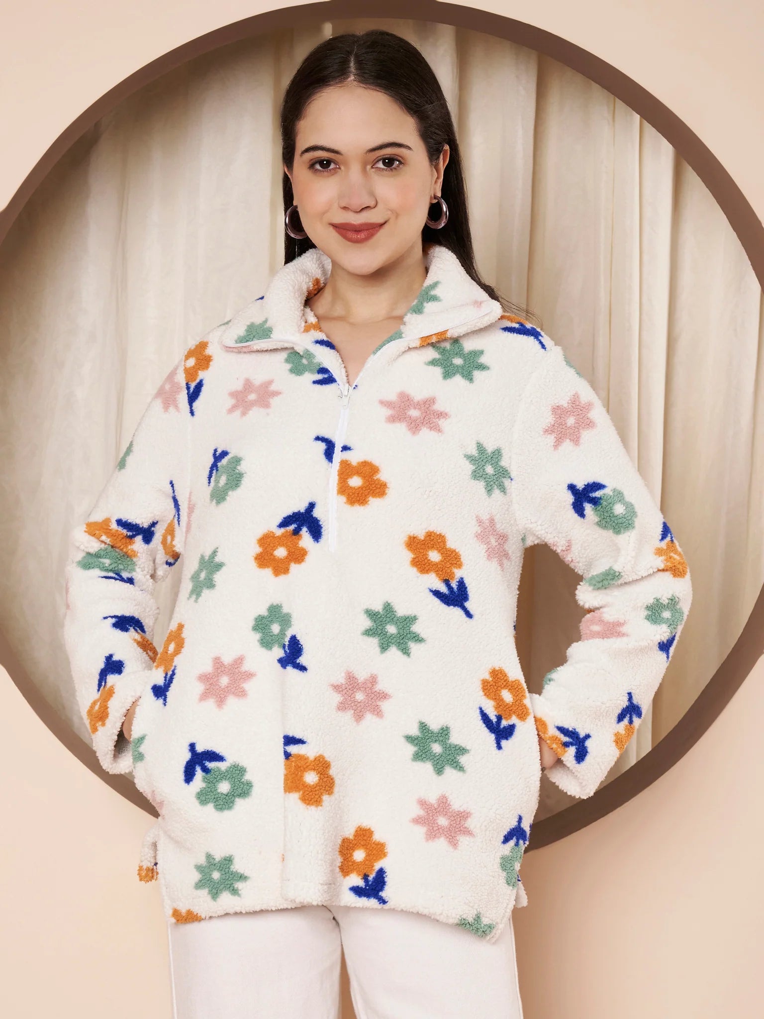 White Floral Fur Winter Maternity Pullover