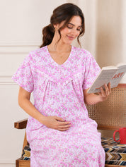 Pink Floral Pure Cotton Maternity Nighty