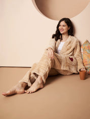 Beige Velvet Heart Faux Fur Winter Night Suit
