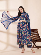 Blue Floral Cotton Maternity Kurta with Trouser and Dupatta
