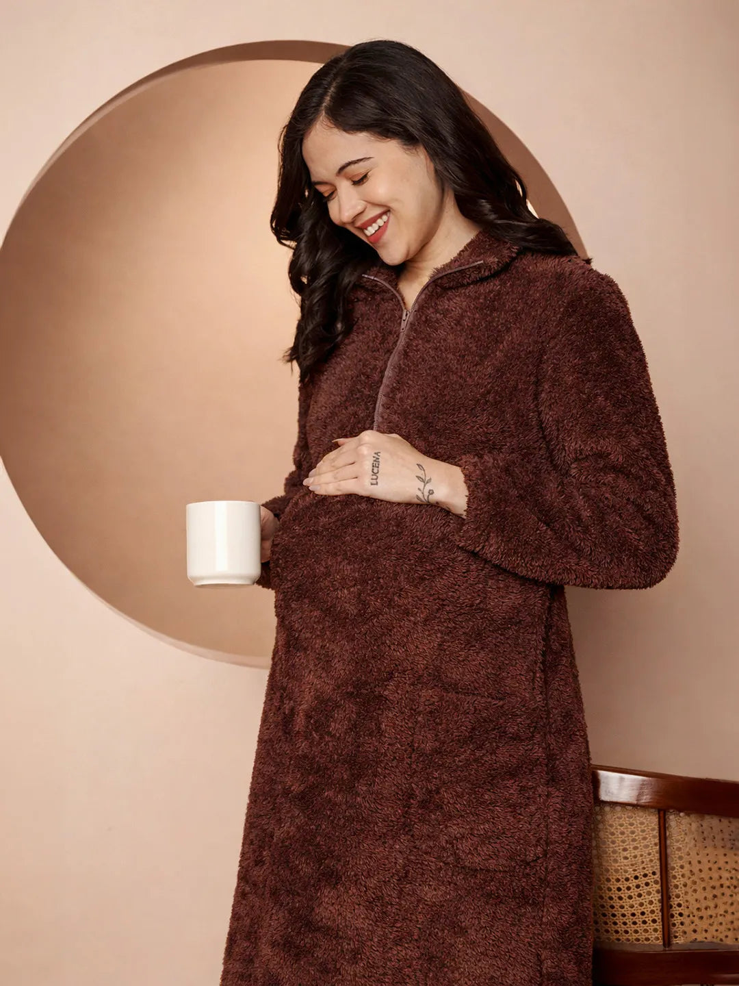 Brown Blanket Fur Maternity Winter Nighty