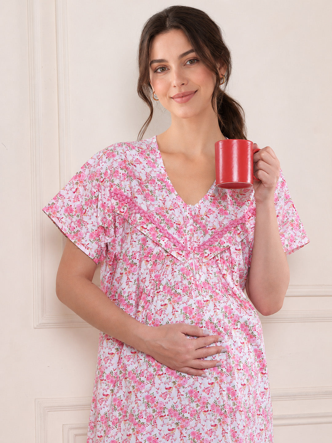 Pink Floral Pure Cotton Maternity Nighty
