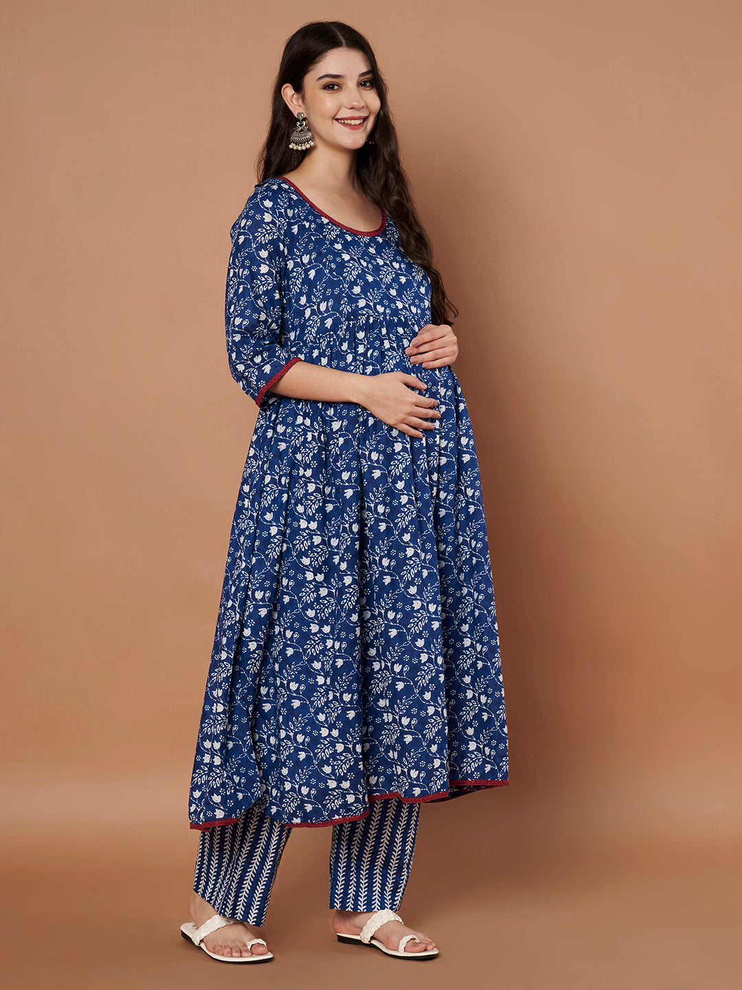 Navy Blue Floral Cotton Maternity Kurta with Trouser and Dupatta