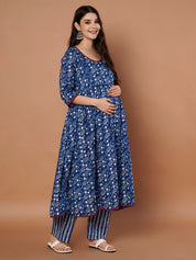 Navy Blue Floral Cotton Maternity Kurta with Trouser and Dupatta
