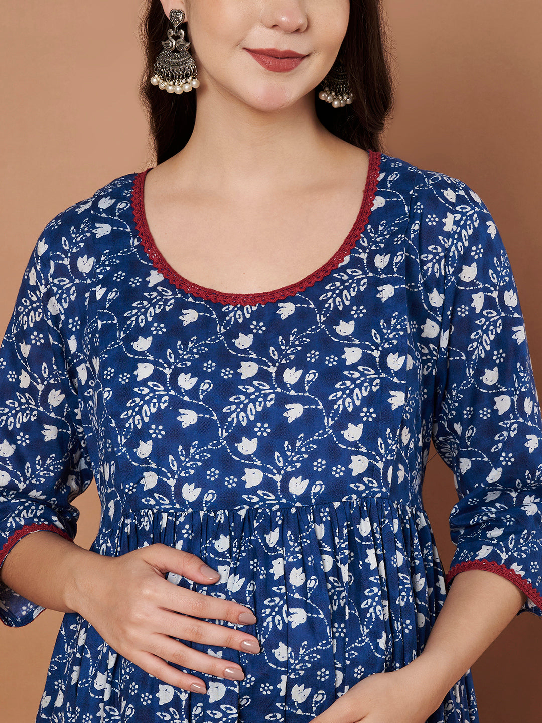 Navy Blue Floral Cotton Maternity Kurta with Trouser and Dupatta