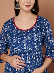 Navy Blue Floral Cotton Maternity Kurta with Trouser and Dupatta