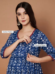 Navy Blue Floral Cotton Maternity Kurta with Trouser and Dupatta