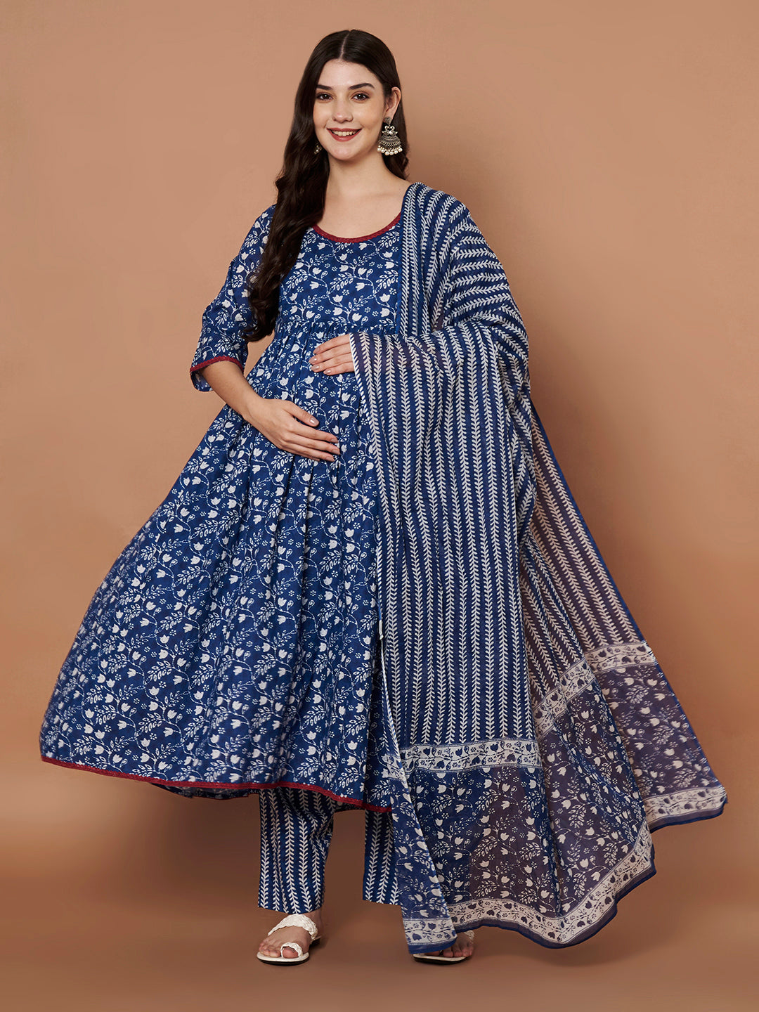 Navy Blue Floral Cotton Maternity Kurta with Trouser and Dupatta