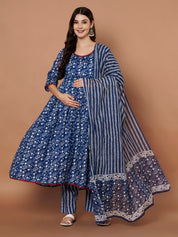 Navy Blue Floral Cotton Maternity Kurta with Trouser and Dupatta