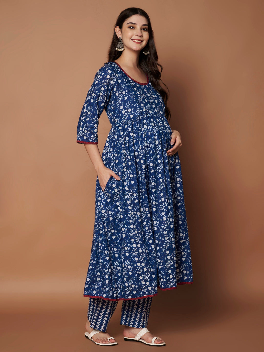 Navy Blue Floral Cotton Maternity Kurta with Trouser and Dupatta