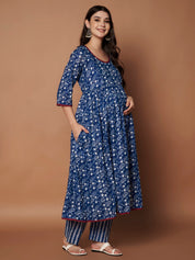Navy Blue Floral Cotton Maternity Kurta with Trouser and Dupatta