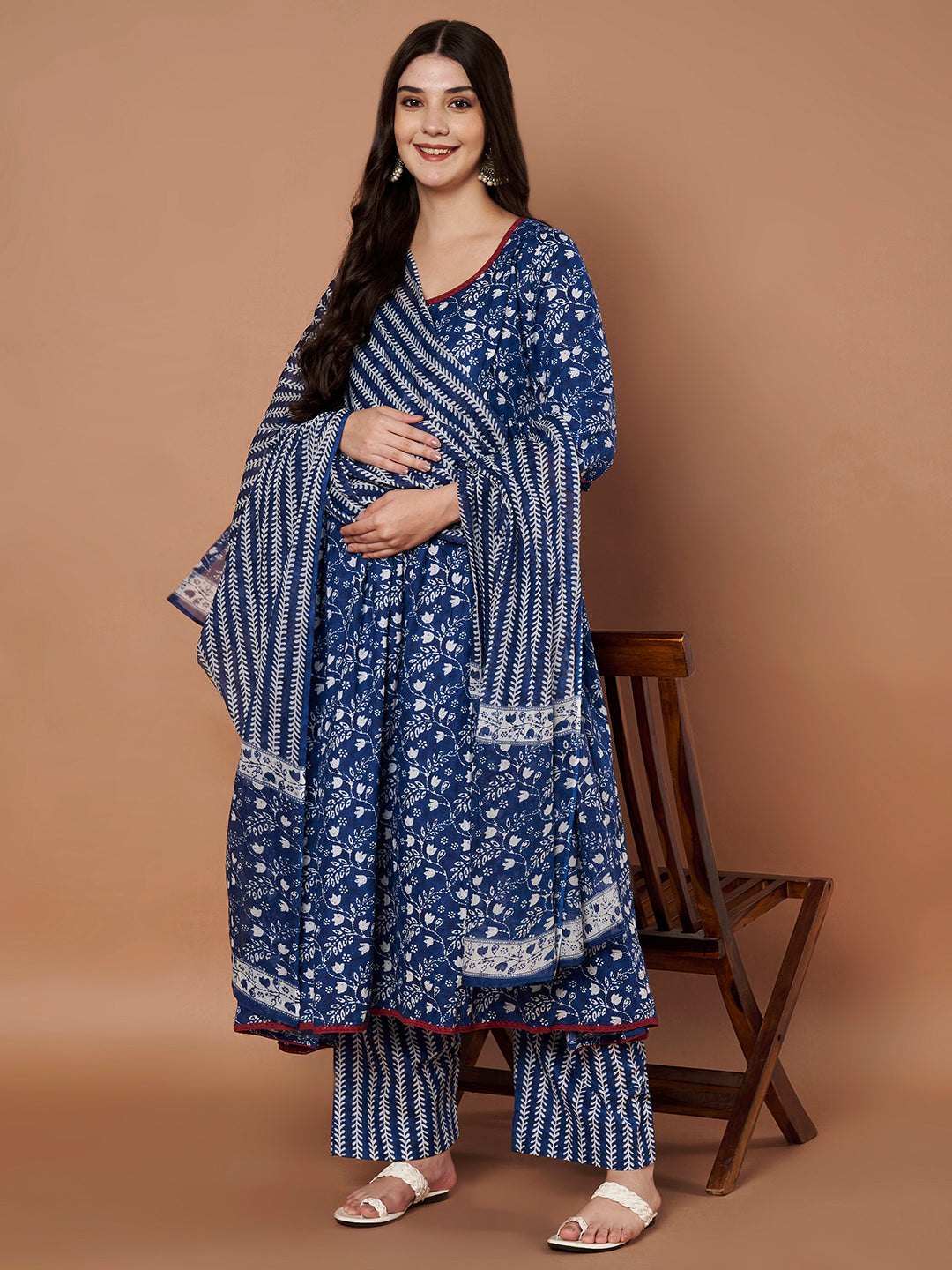 Navy Blue Floral Cotton Maternity Kurta with Trouser and Dupatta