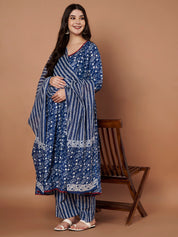 Navy Blue Floral Cotton Maternity Kurta with Trouser and Dupatta