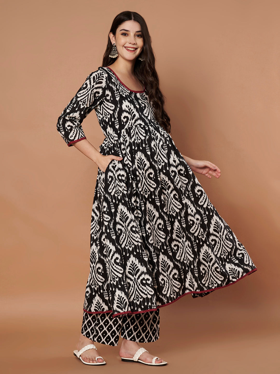 Black Ikkat Cotton Maternity Kurta with Trouser and Dupatta