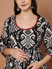 Black Ikkat Cotton Maternity Kurta with Trouser and Dupatta