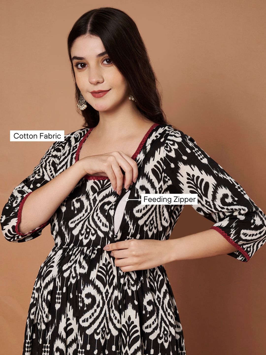 Black Ikkat Cotton Maternity Kurta with Trouser and Dupatta