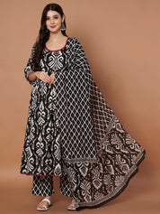 Black Ikkat Cotton Maternity Kurta with Trouser and Dupatta