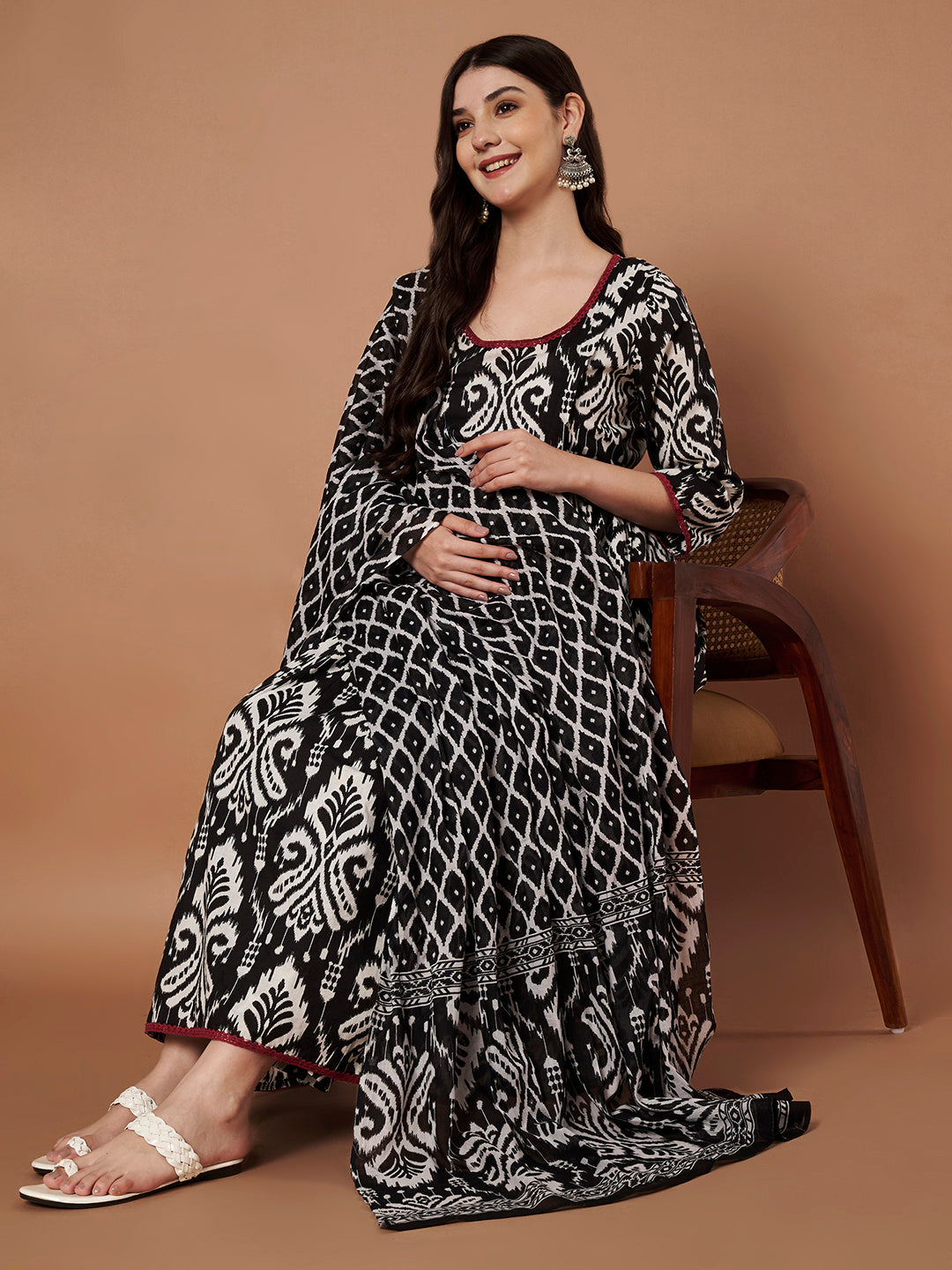 Black Ikkat Cotton Maternity Kurta with Trouser and Dupatta