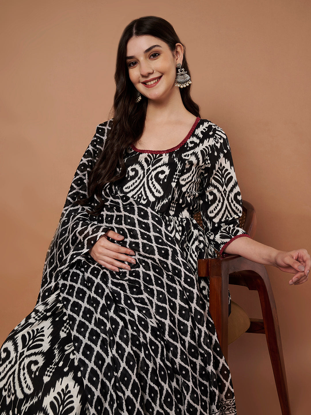 Black Ikkat Cotton Maternity Kurta with Trouser and Dupatta