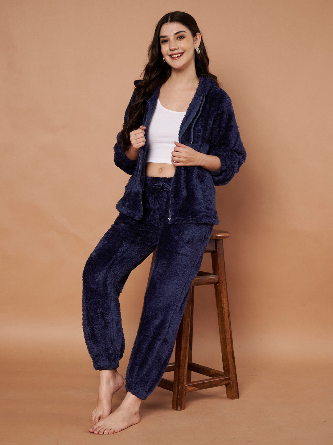 Navy Faux Fur Winter Night Suit