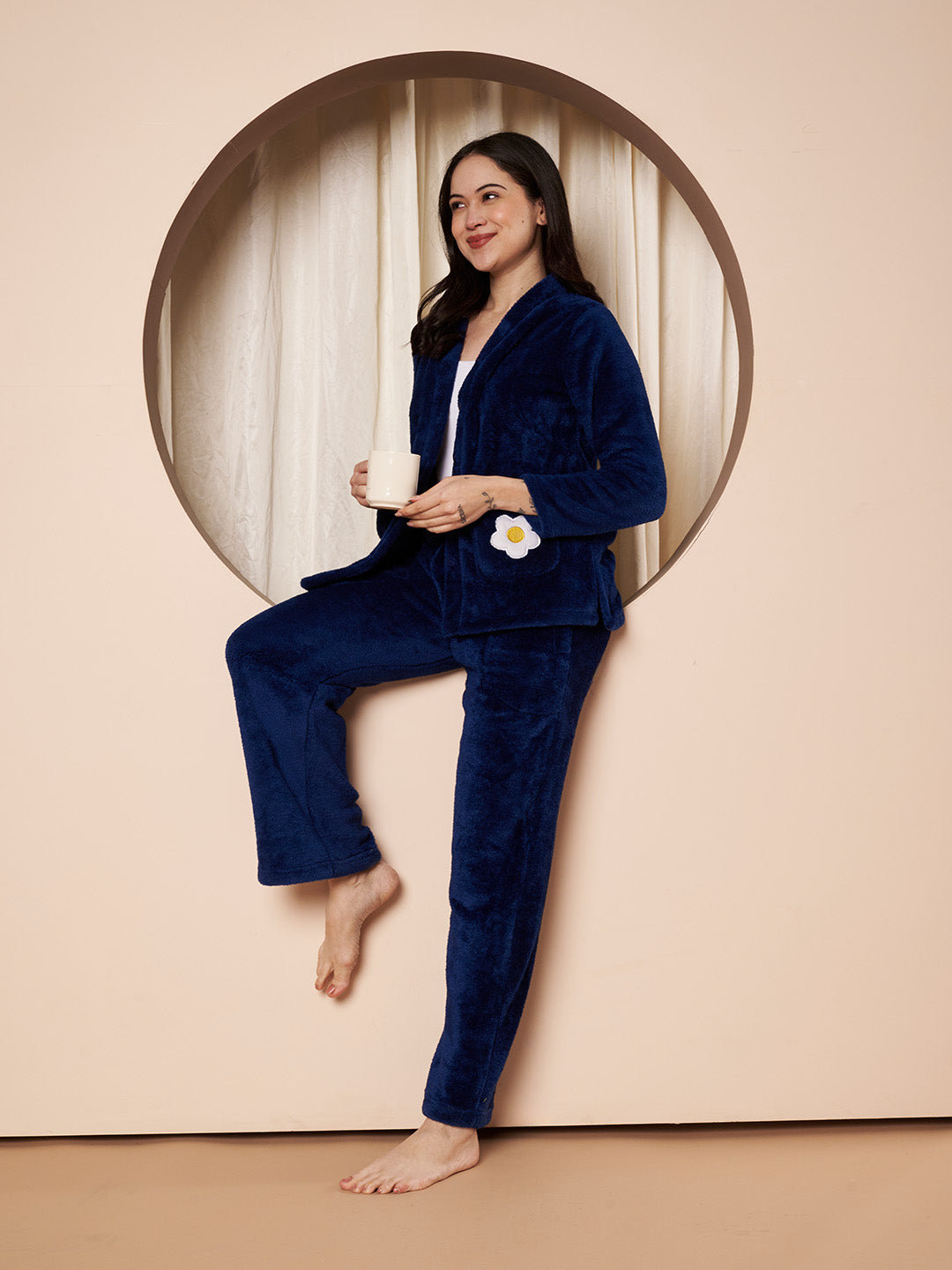 Navy Daisy Pocket Faux Fur Winter Night Suit