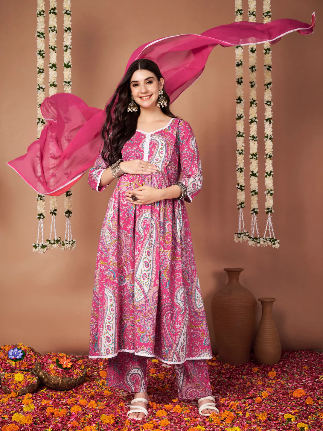 Pink Paisley Cotton Maternity Kurta with Trouser and Dupatta