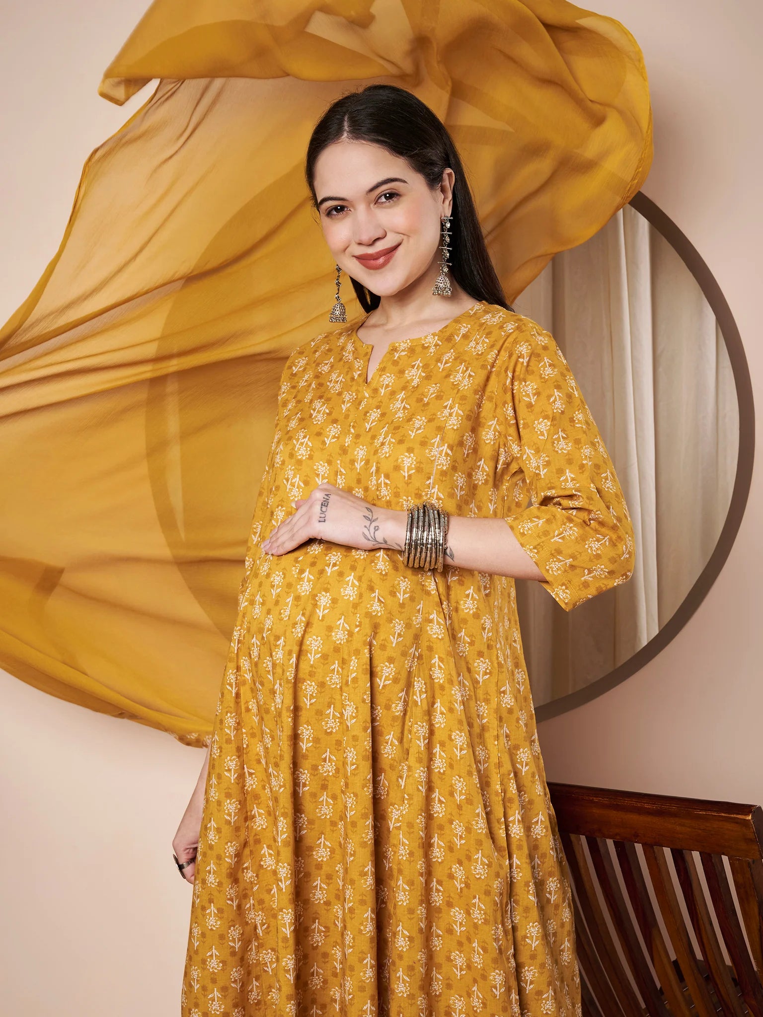 Mustard Floral Cotton Maternity Kurta with Trouser and Dupatta