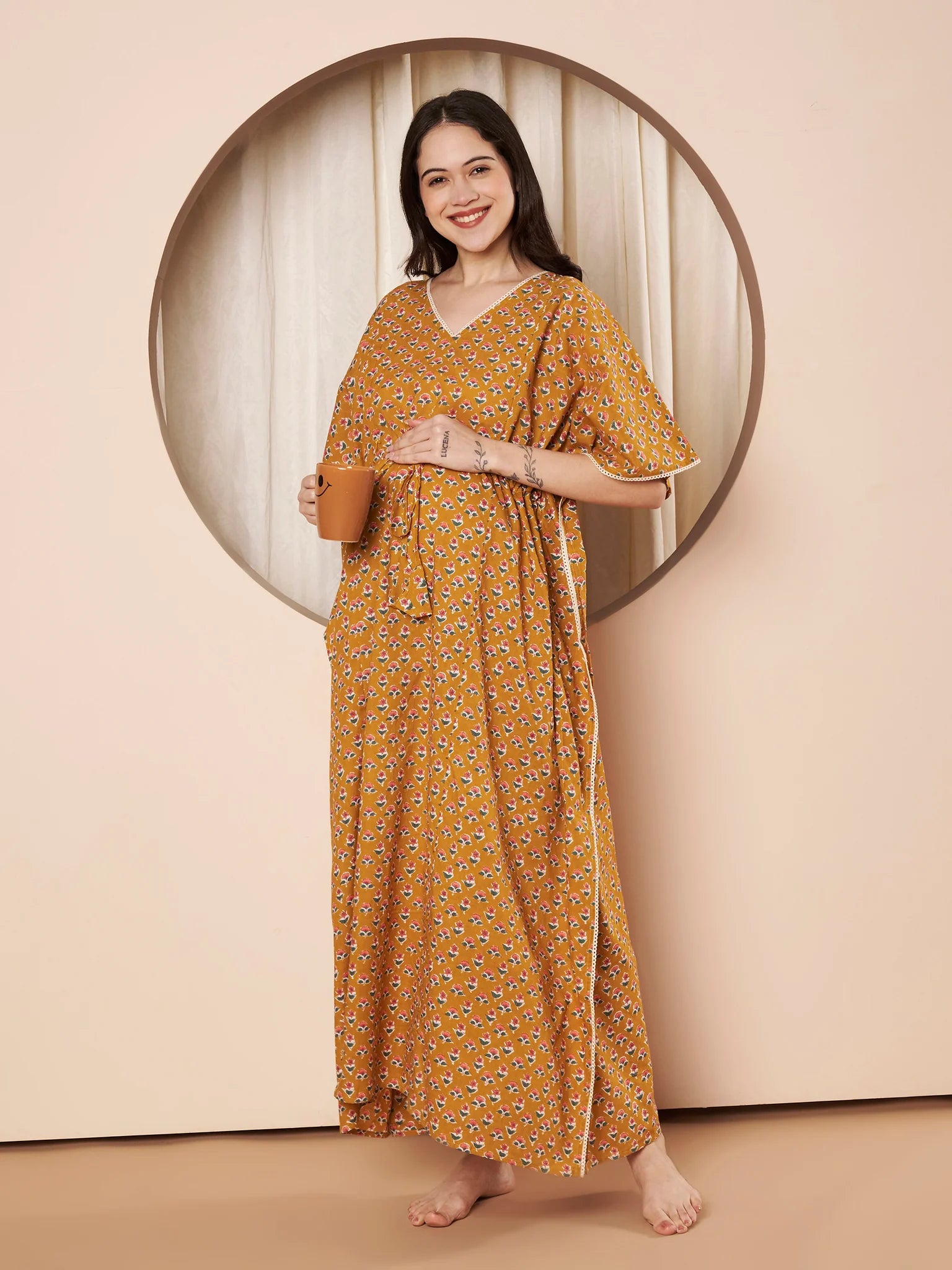 Mustard Floral Cotton Maternity Kaftan