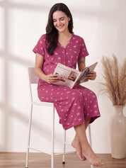 Pink Star Print Hosiery Zipless Maternity Nighty