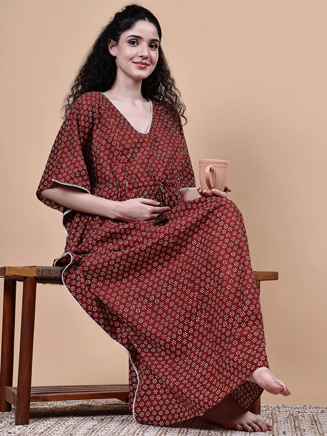 Maroon Floral Cotton Maternity Kaftan