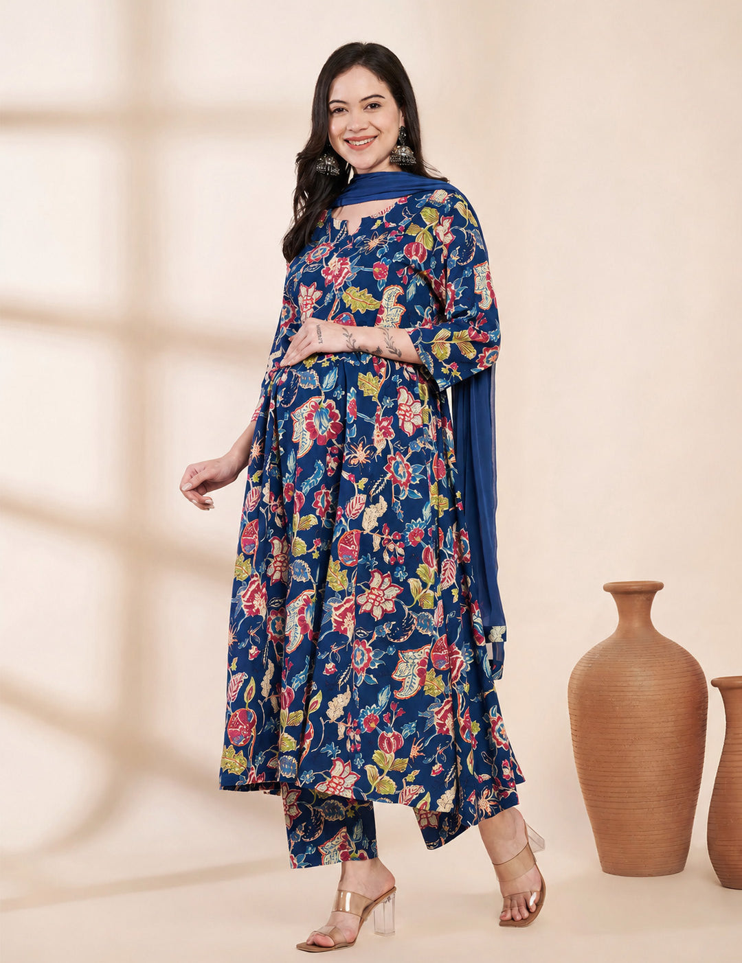 Blue Floral Cotton Hand Embroidery Maternity Kurta with Trouser and Dupatta