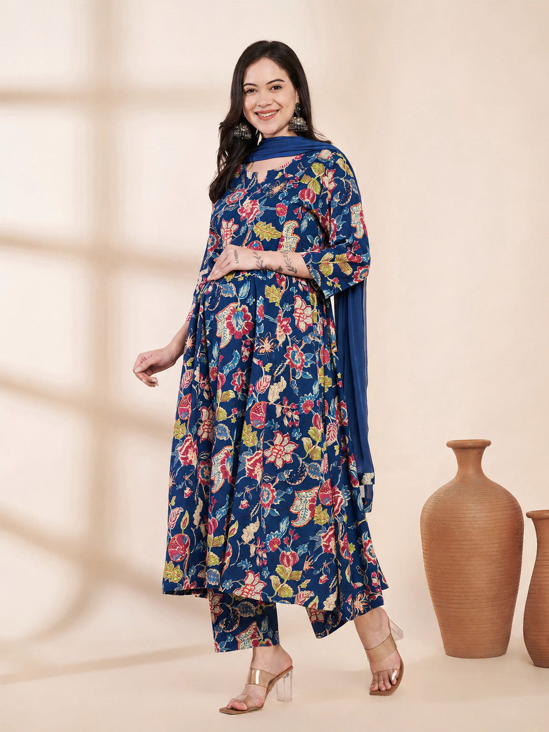 Blue Floral Cotton Hand Embroidery Maternity Kurta with Trouser and Dupatta