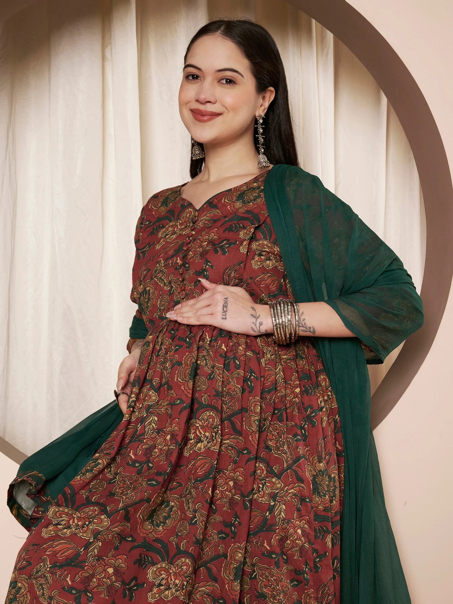 Rust Floral Cotton Maternity Kurta with Trouser and Dupatta