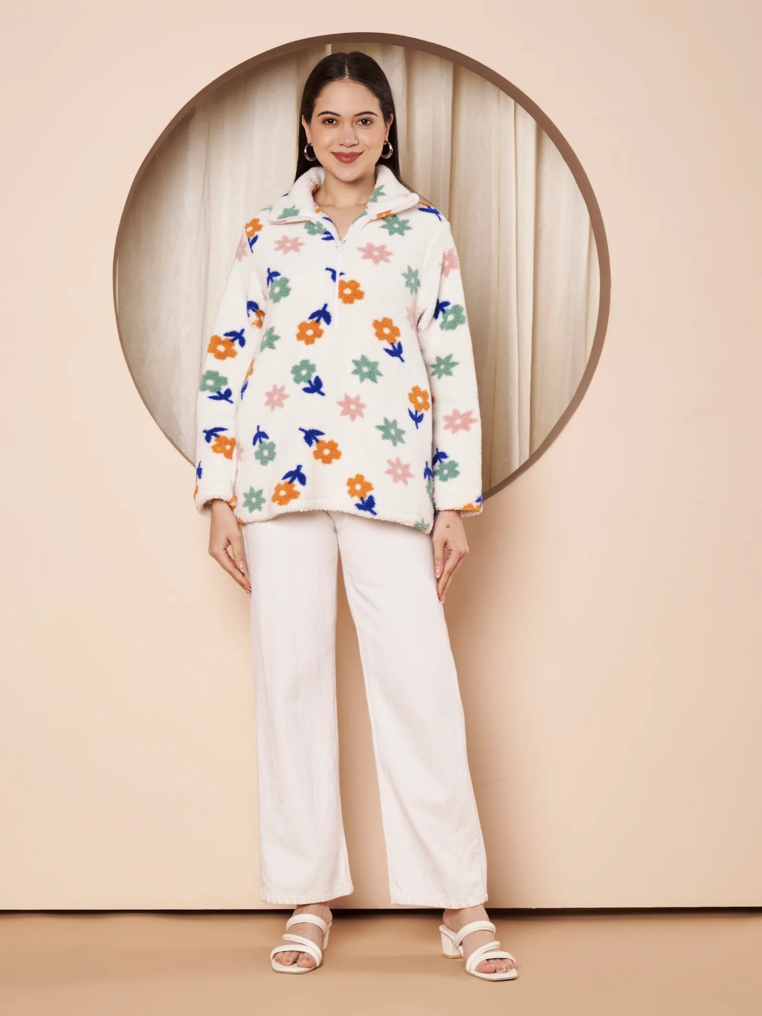 White Floral Fur Winter Maternity Pullover