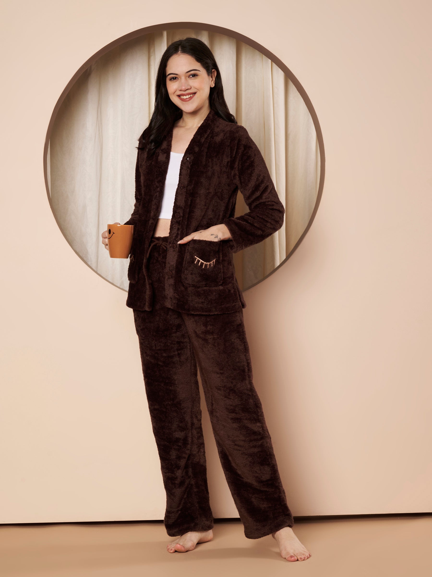 Brown Dreamy Eyes Faux Fur Winter Night Suit