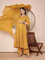 Mustard Floral Cotton Maternity Kurta with Trouser and Dupatta