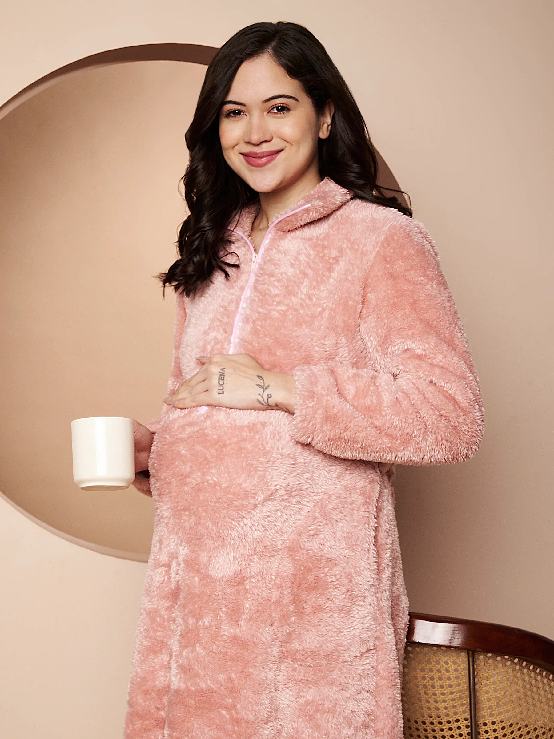 Pink Blanket Fur Maternity Winter Nighty