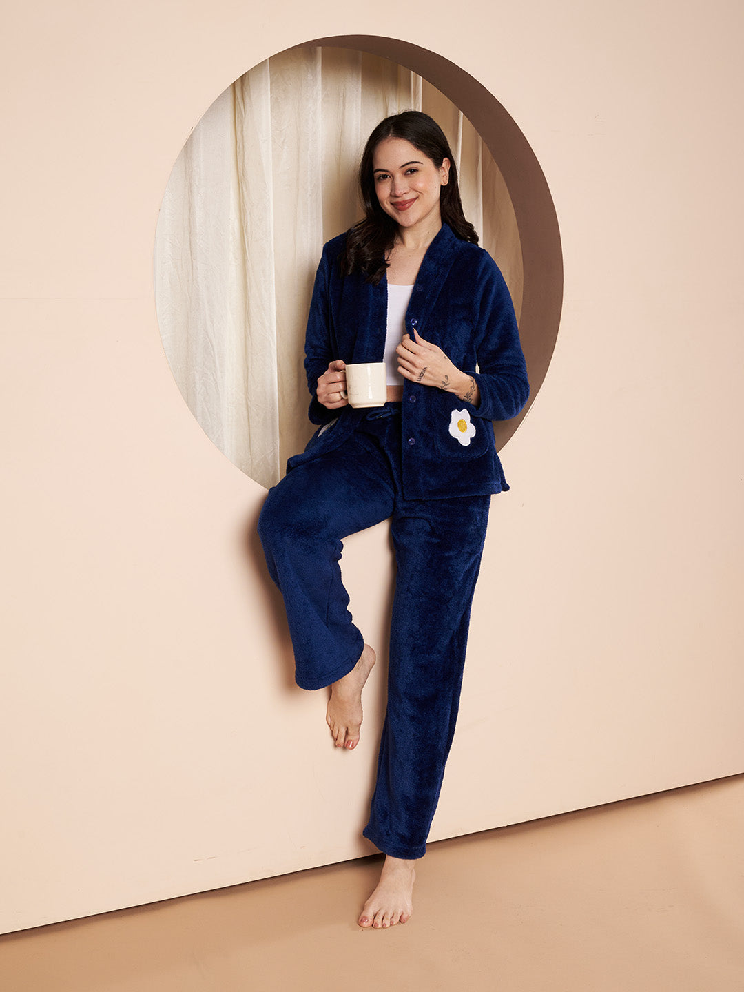 Navy Daisy Pocket Faux Fur Winter Night Suit