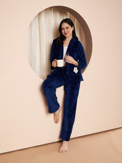 Navy Daisy Pocket Faux Fur Winter Night Suit