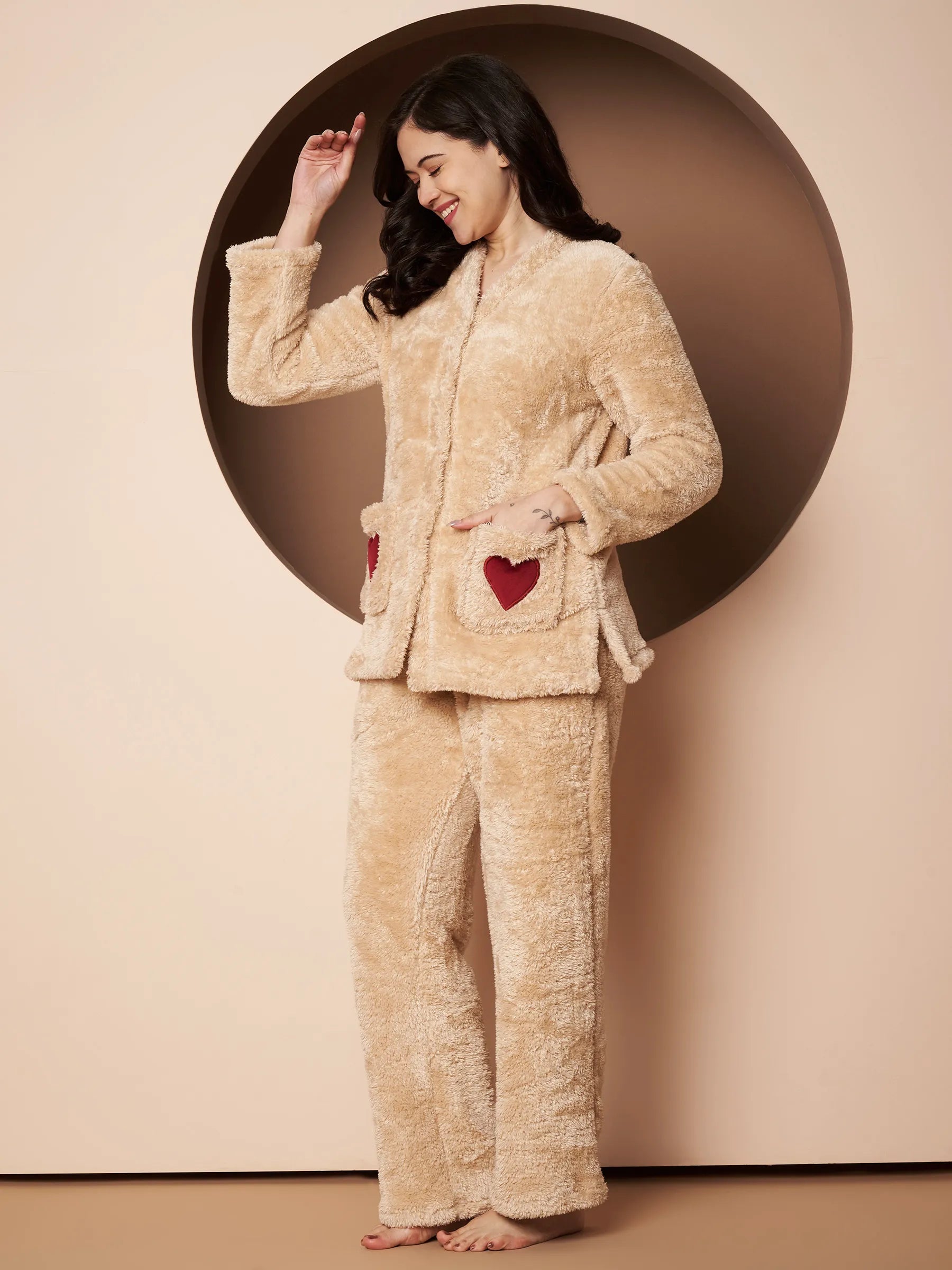 Beige Velvet Heart Faux Fur Winter Night Suit